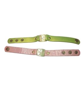 Tory Burch Pink and Lime Leather Logo Snap Bracelets (Set of 2)